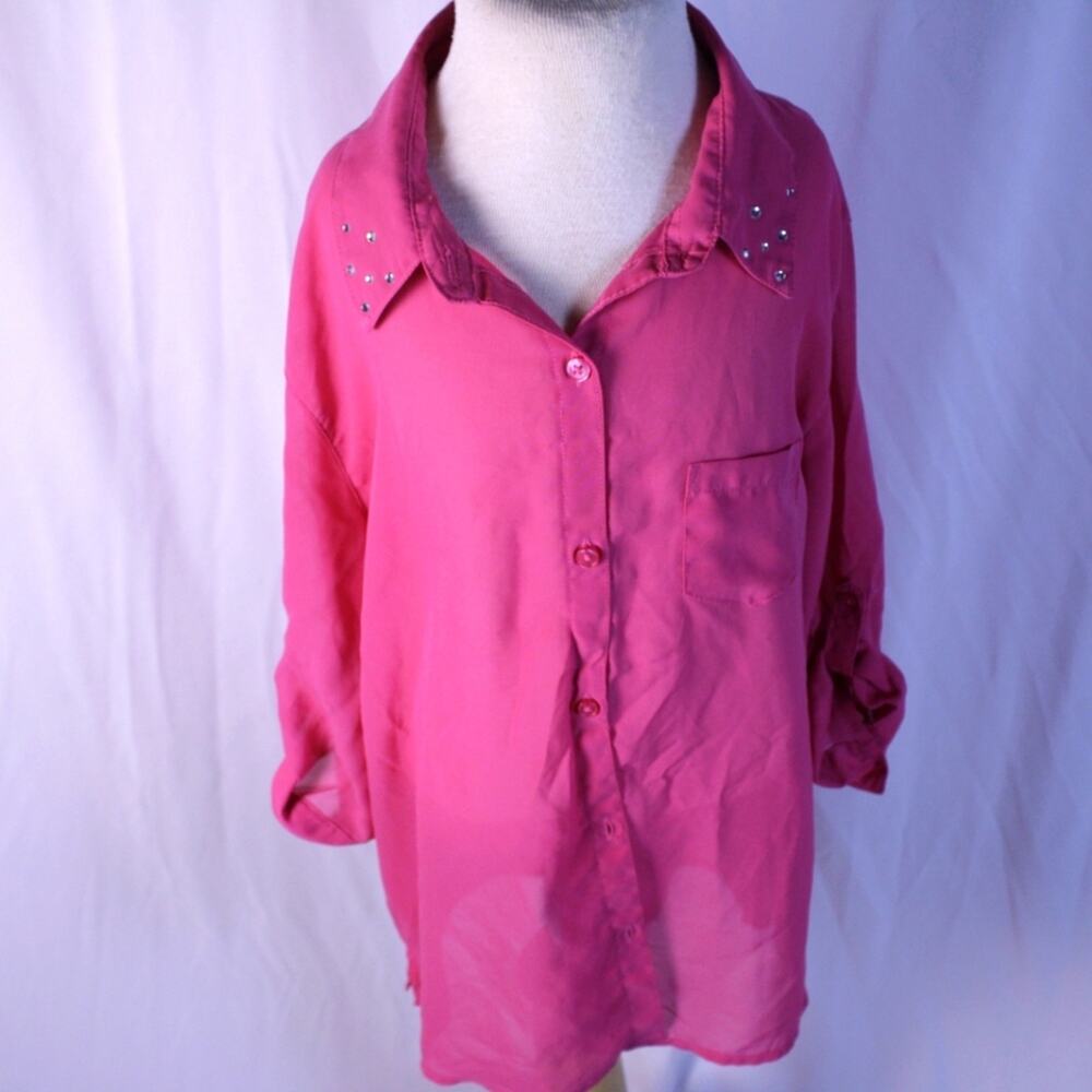 Girls Sheer Pink Blouse • XL 14/16 • Embellished Collar • EUC